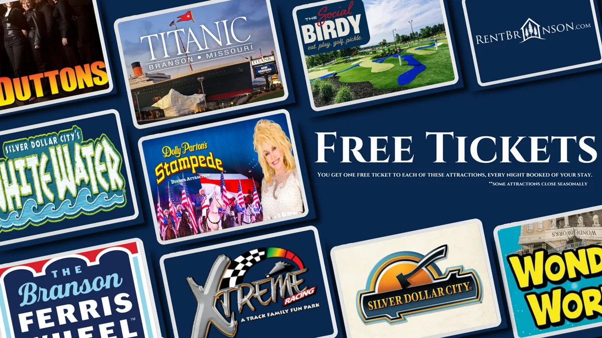 A vibrant interior scene displaying attraction logos, bold free ticket text, and bright colors, instantly evoking the excitement of exploring Branson’s famous theme parks, shows, and family-friendly entertainment.